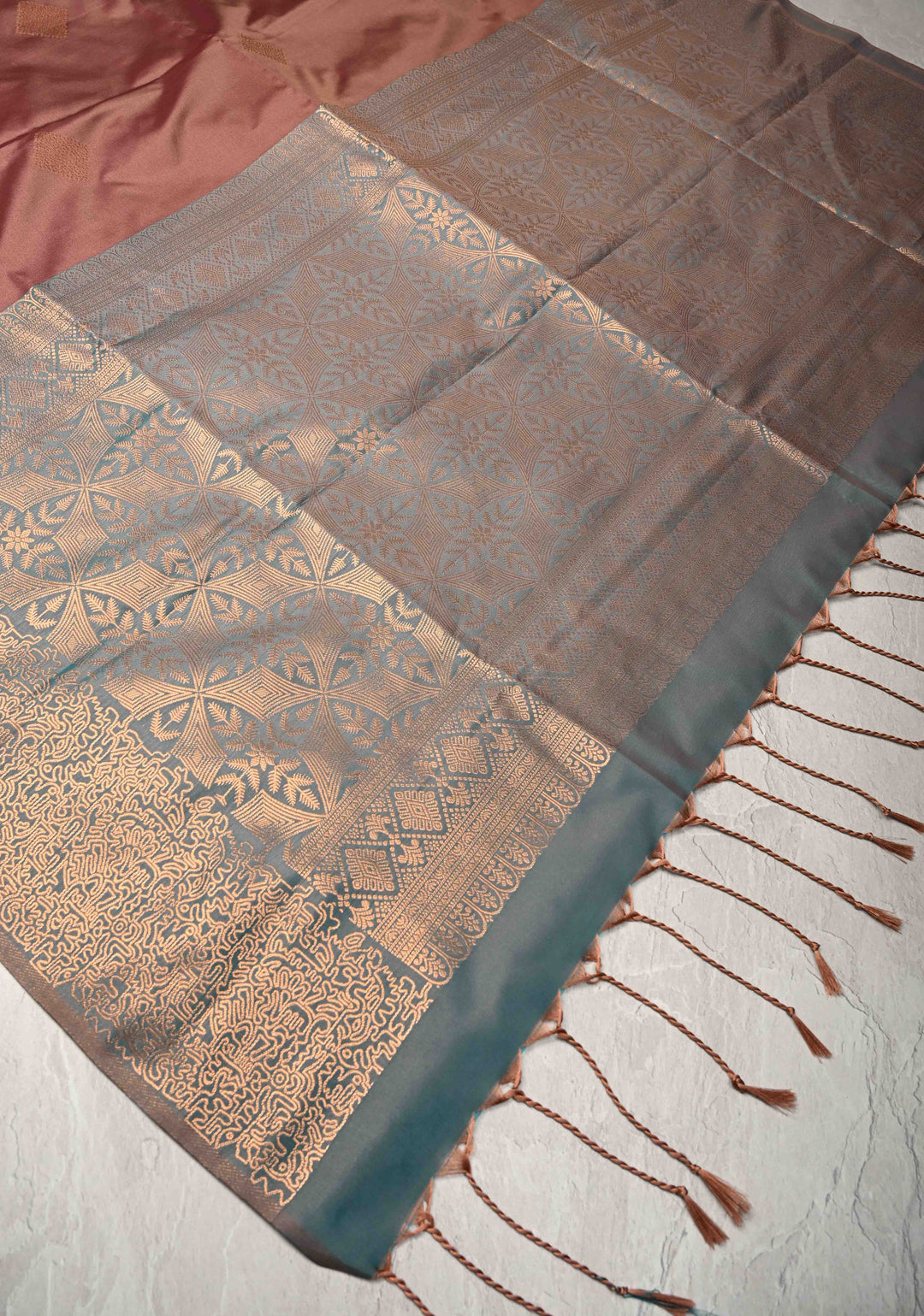 Copper Rose Kanchi Semi Silk Saree with Geometric Buttas and Abstract Zari Border