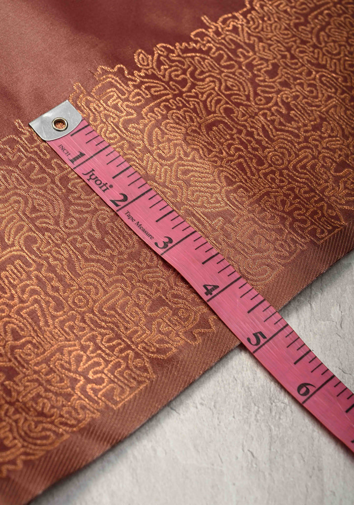 Copper Rose Kanchi Semi Silk Saree with Geometric Buttas and Abstract Zari Border