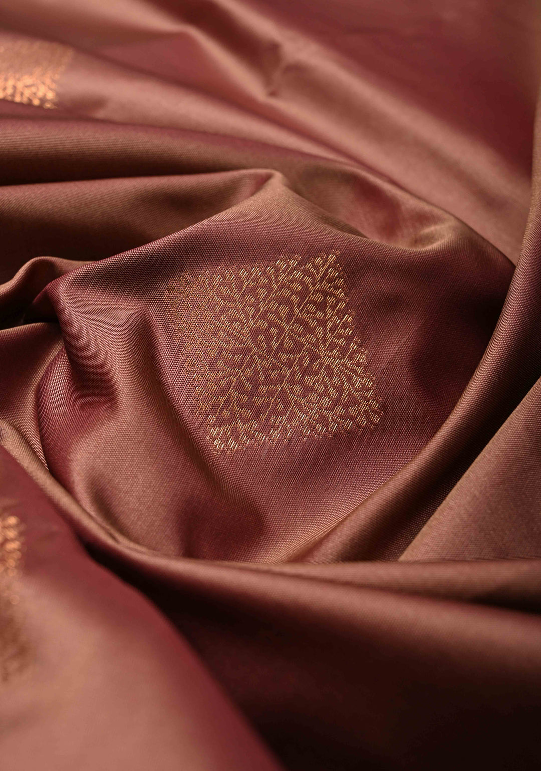 Copper Rose Kanchi Semi Silk Saree with Geometric Buttas and Abstract Zari Border