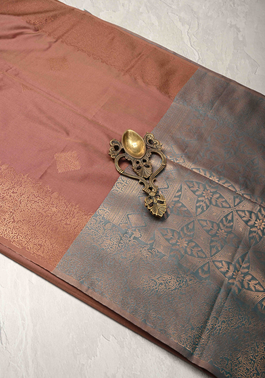 Copper Rose Kanchi Semi Silk Saree with Geometric Buttas and Abstract Zari Border