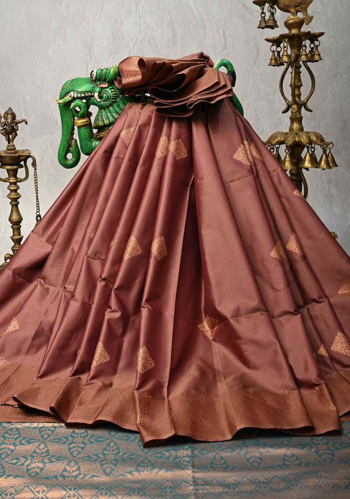 Copper Rose Kanchi Semi Silk Saree with Geometric Buttas and Abstract Zari Border