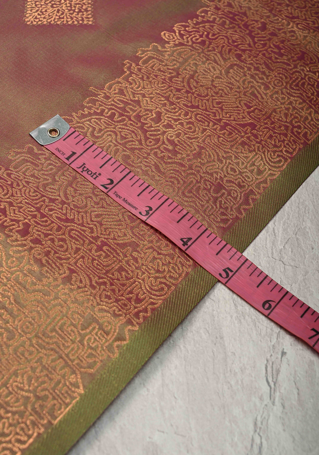Green Pink Dual Tone  Kanchi Semi Silk Saree with Geometric Buttas and Abstract Zari Border