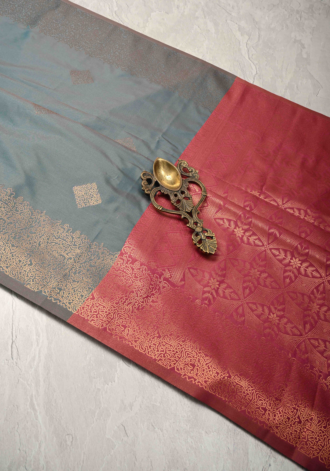 Teal Dual Tone Kanchi Semi Silk Saree with Geometric Buttas and Abstract Zari Border