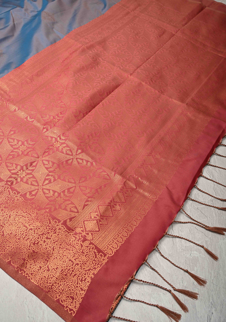 Peacock Blue Dual Tone Kanchi Semi Silk Saree with Geometric Buttas and Abstract Zari Border