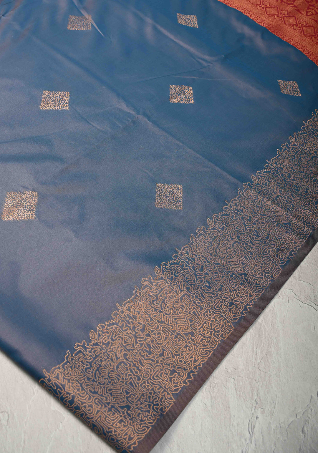 Peacock Blue Dual Tone Kanchi Semi Silk Saree with Geometric Buttas and Abstract Zari Border