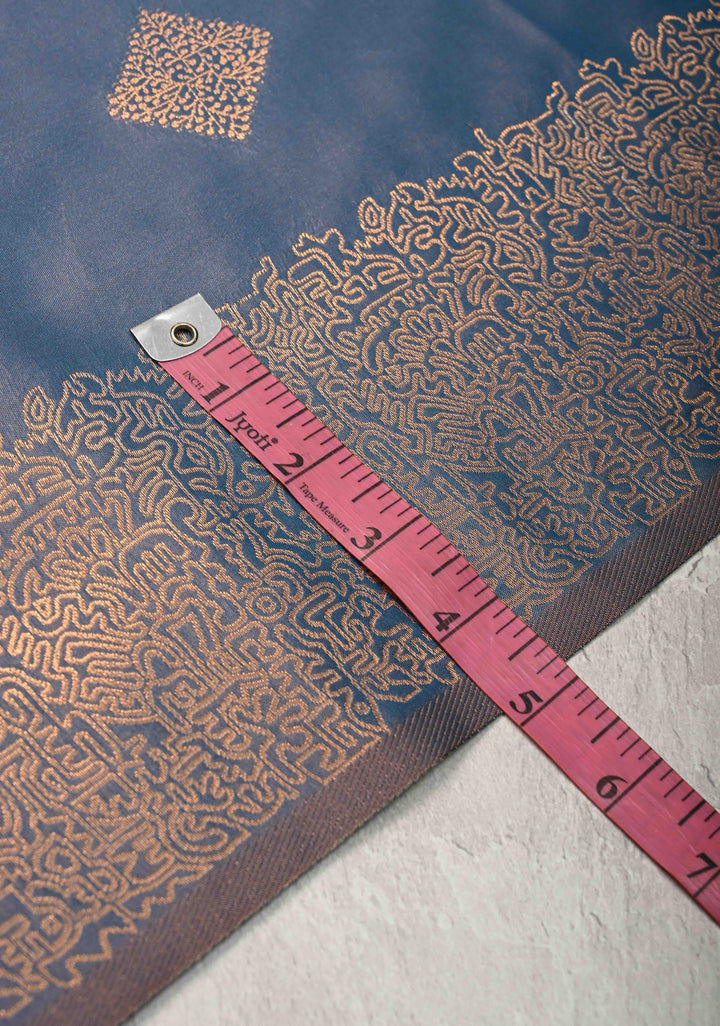 Peacock Blue Dual Tone Kanchi Semi Silk Saree with Geometric Buttas and Abstract Zari Border