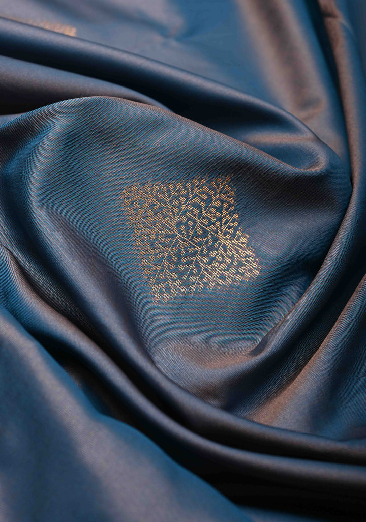 Peacock Blue Dual Tone Kanchi Semi Silk Saree with Geometric Buttas and Abstract Zari Border