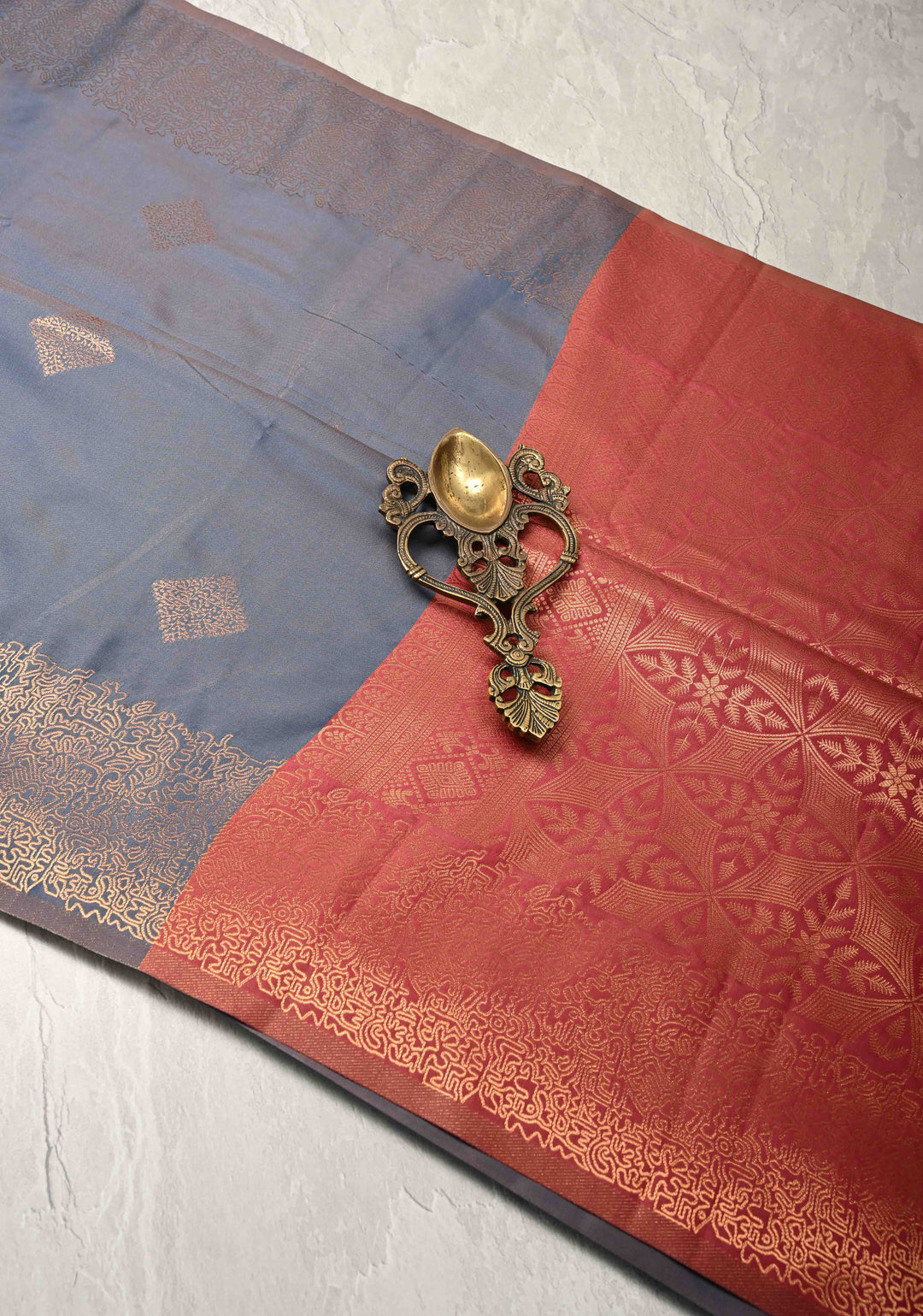 Peacock Blue Dual Tone Kanchi Semi Silk Saree with Geometric Buttas and Abstract Zari Border