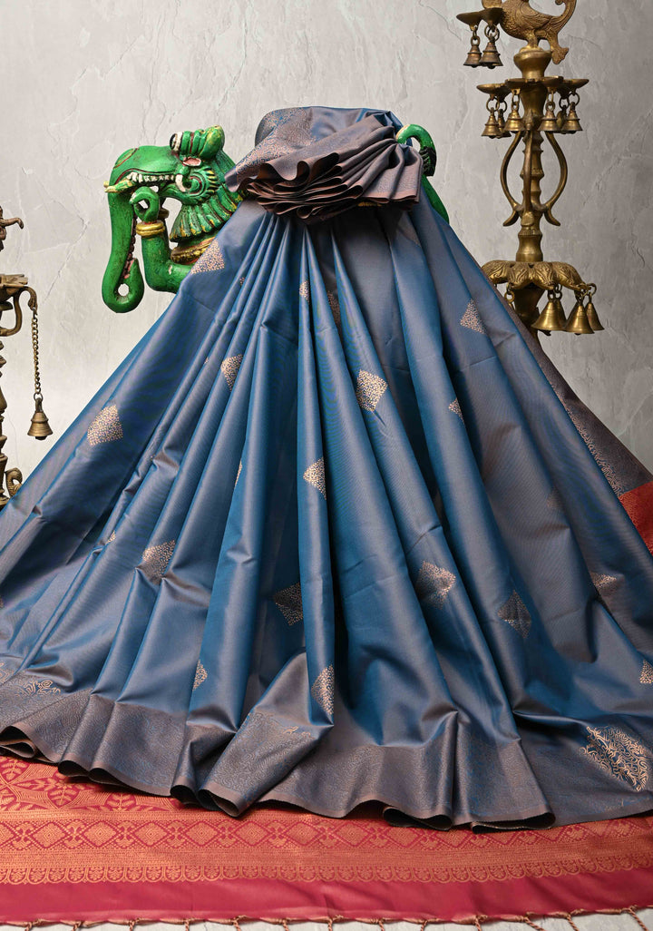 Peacock Blue Dual Tone Kanchi Semi Silk Saree with Geometric Buttas and Abstract Zari Border