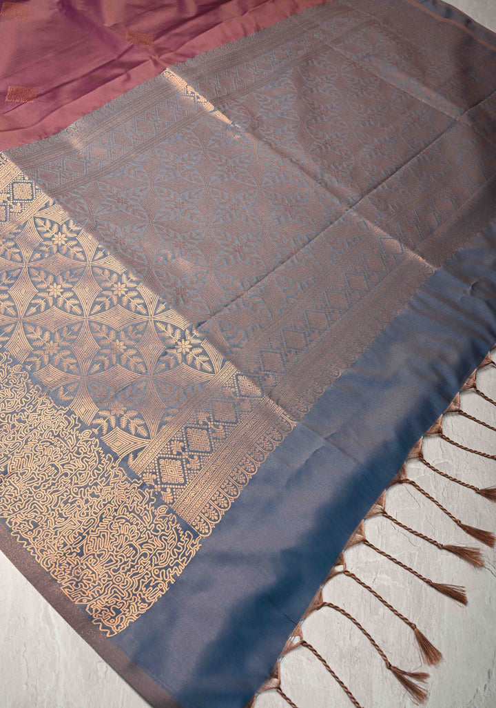 Dark Mauve  Kanchi Semi Silk Saree with Geometric Buttas and Abstract Zari Border