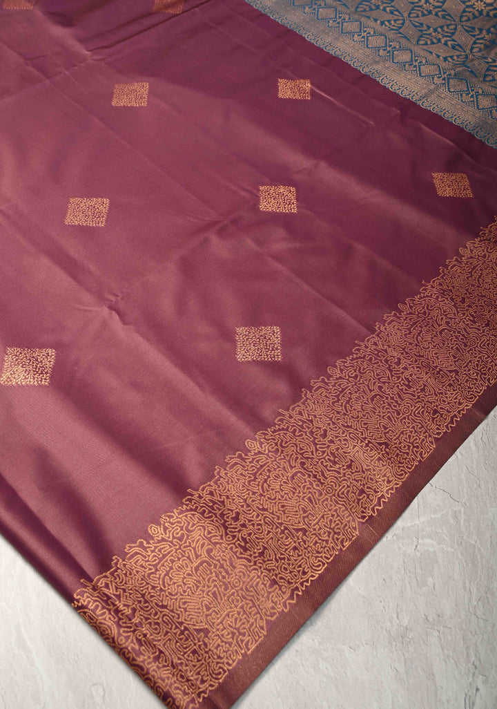Dark Mauve  Kanchi Semi Silk Saree with Geometric Buttas and Abstract Zari Border
