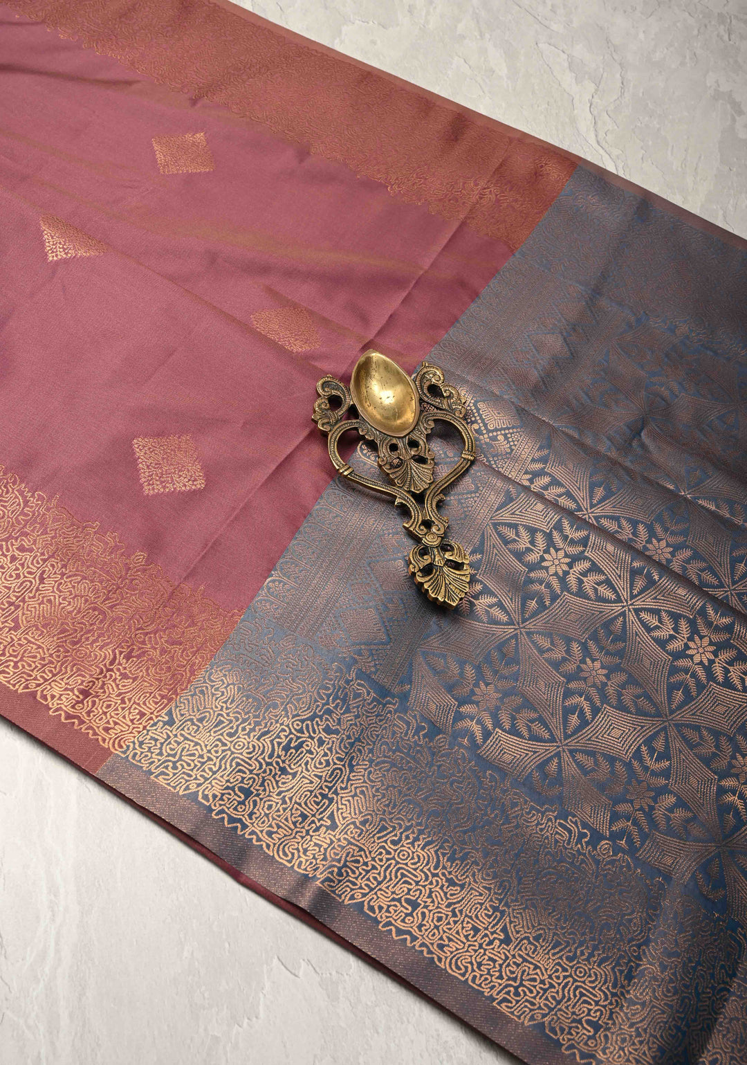 Dark Mauve  Kanchi Semi Silk Saree with Geometric Buttas and Abstract Zari Border