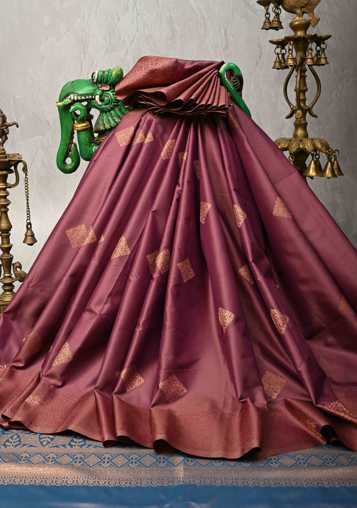 Dark Mauve  Kanchi Semi Silk Saree with Geometric Buttas and Abstract Zari Border