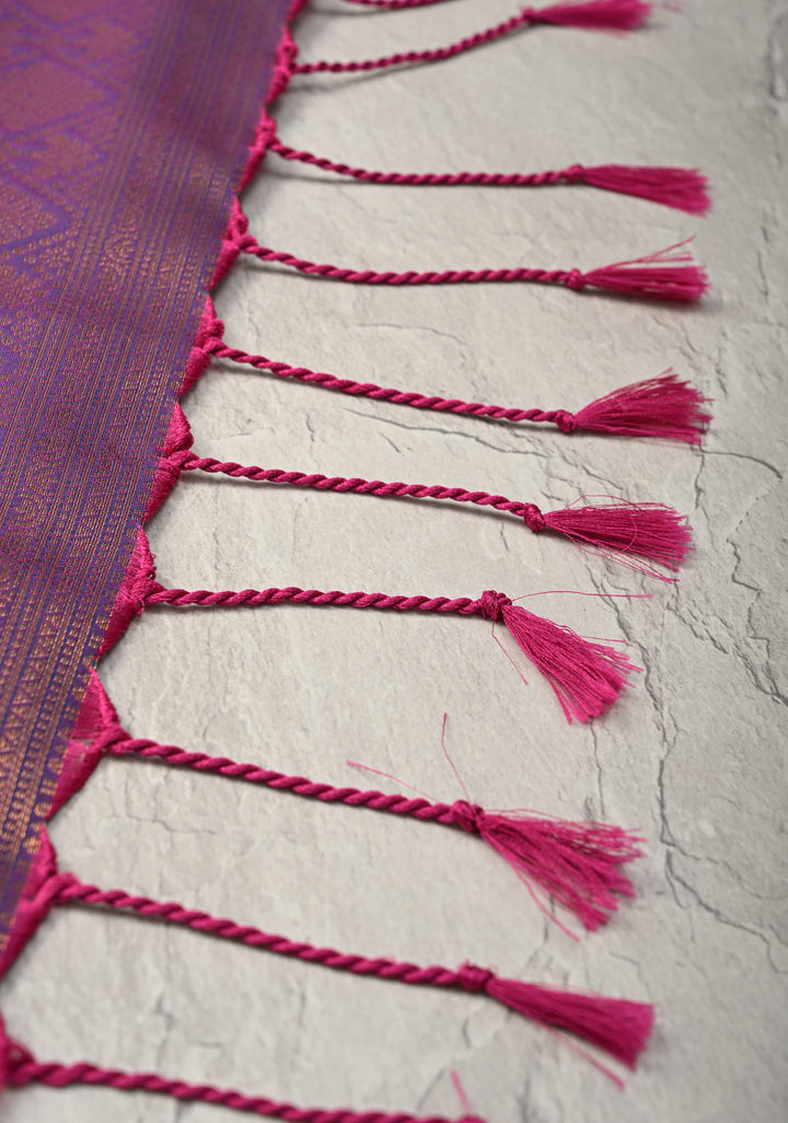 French Rose Kanchi Semi Silk Saree with Geometric Buttas and Abstract Zari Border