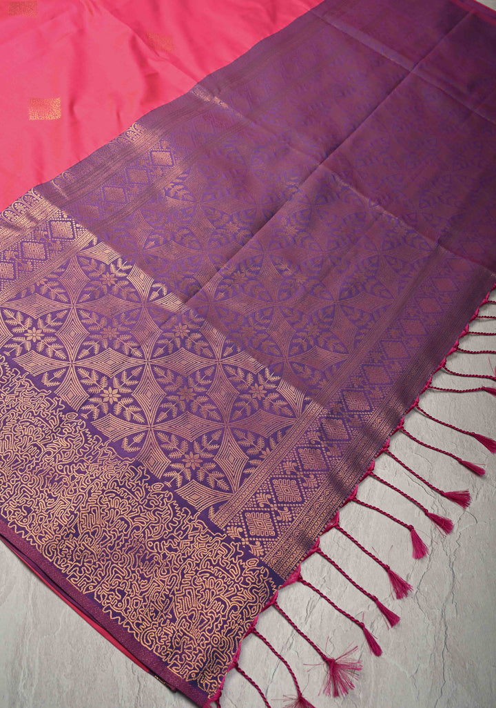 French Rose Kanchi Semi Silk Saree with Geometric Buttas and Abstract Zari Border