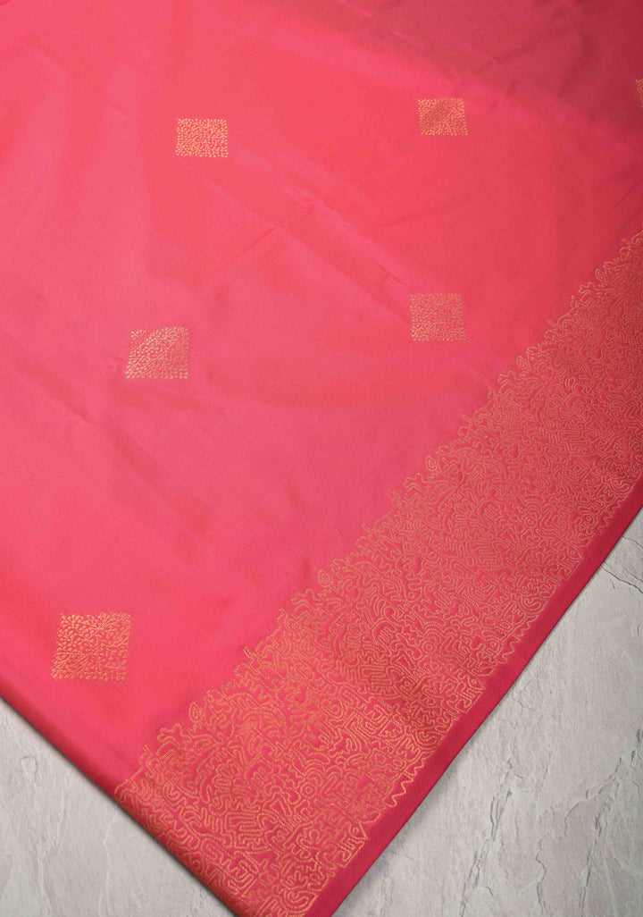 French Rose Kanchi Semi Silk Saree with Geometric Buttas and Abstract Zari Border
