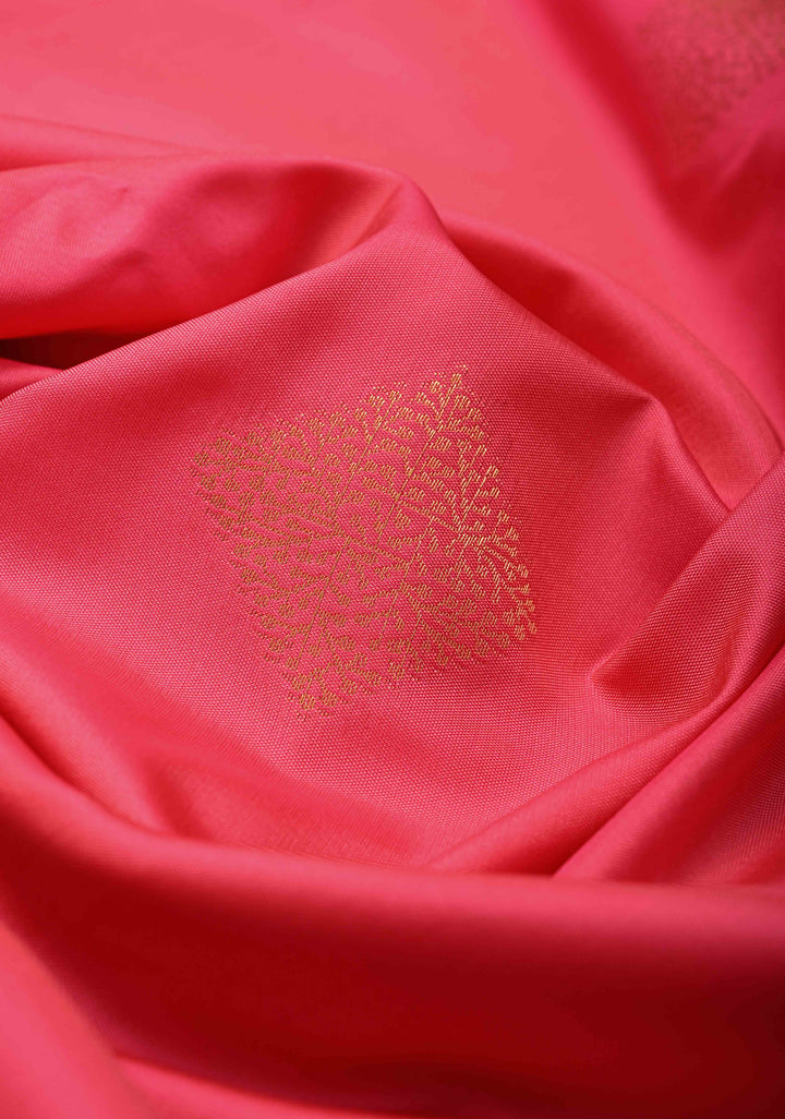 French Rose Kanchi Semi Silk Saree with Geometric Buttas and Abstract Zari Border
