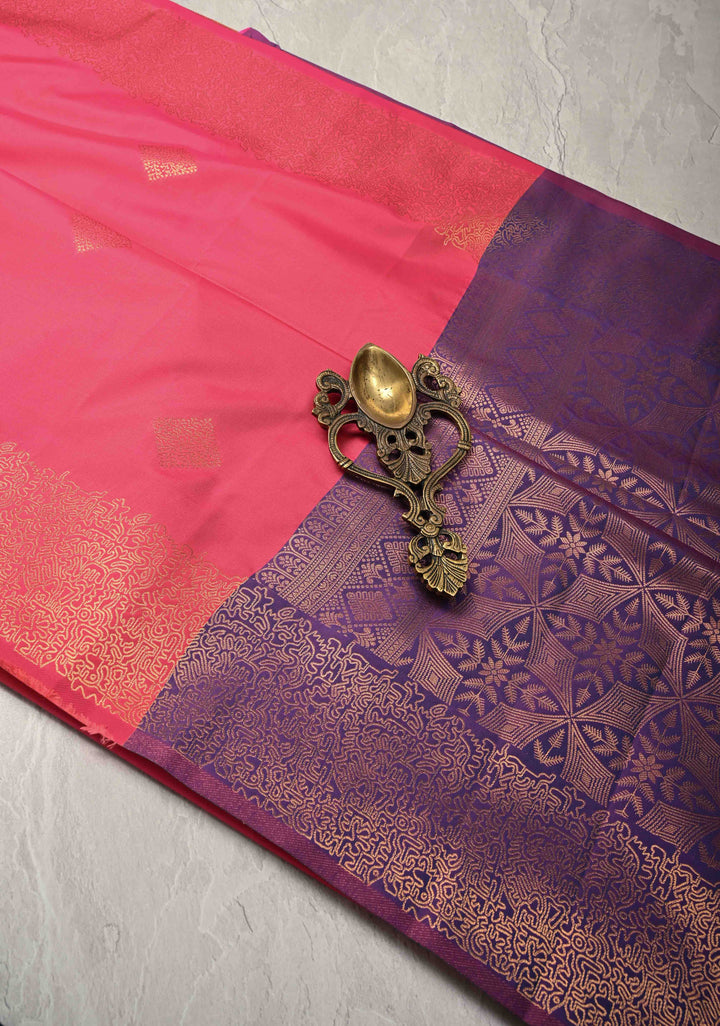 French Rose Kanchi Semi Silk Saree with Geometric Buttas and Abstract Zari Border