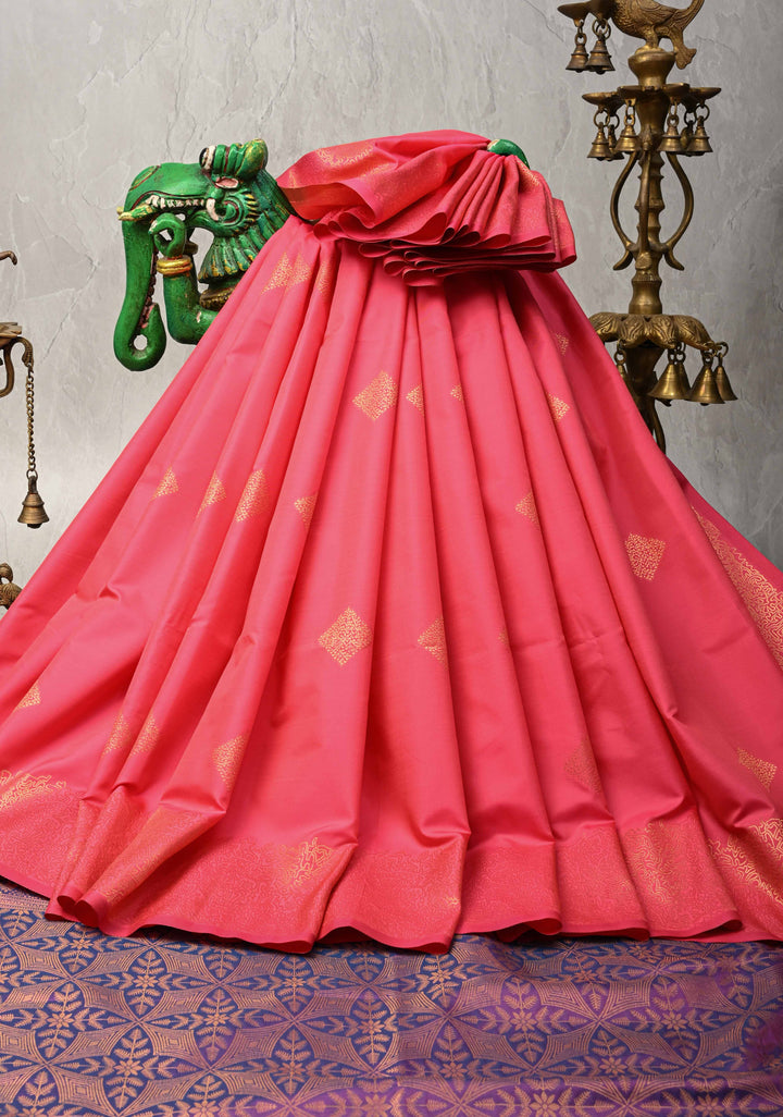 French Rose Kanchi Semi Silk Saree with Geometric Buttas and Abstract Zari Border