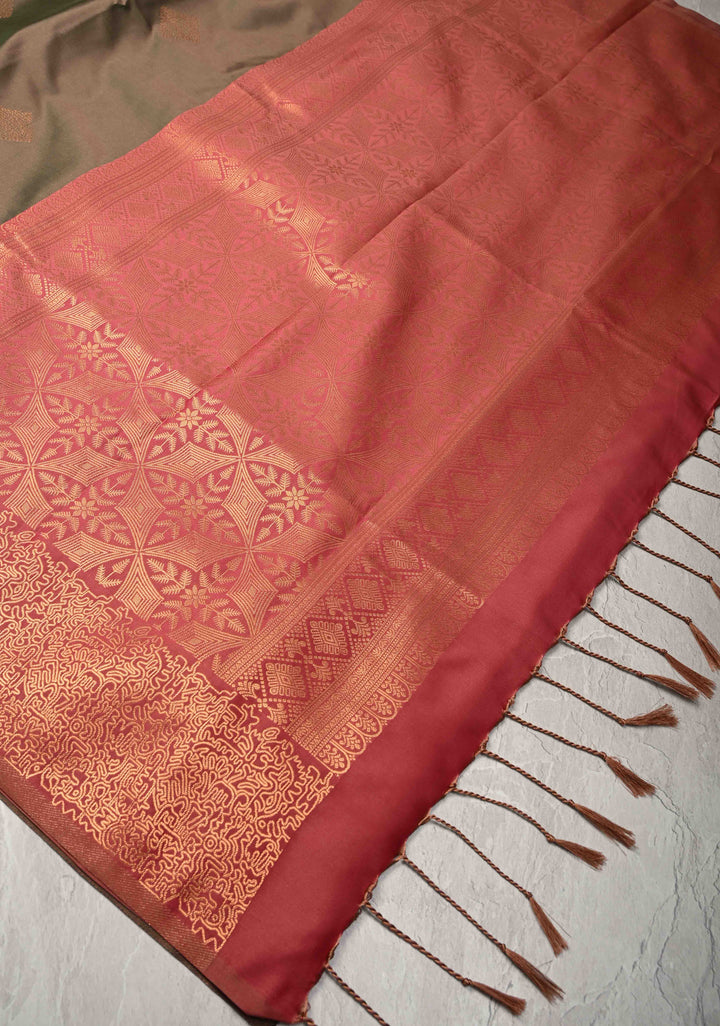 Green-Brown Dual tone Kanchi Semi Silk Saree with Geometric Buttas and Abstract Zari Border
