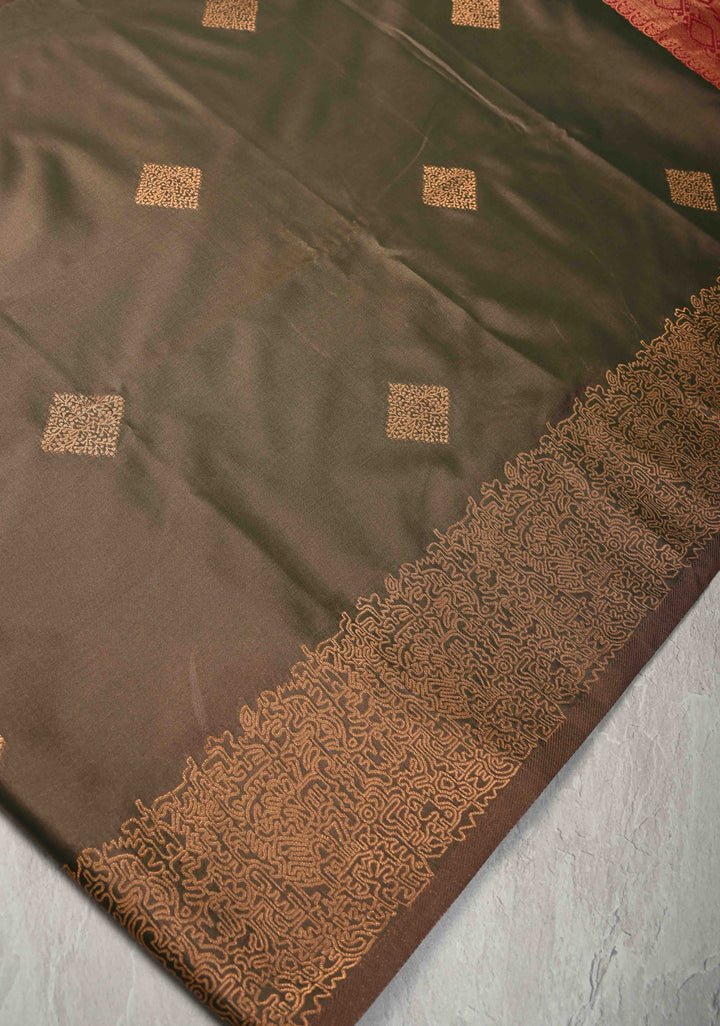 Green-Brown Dual tone Kanchi Semi Silk Saree with Geometric Buttas and Abstract Zari Border