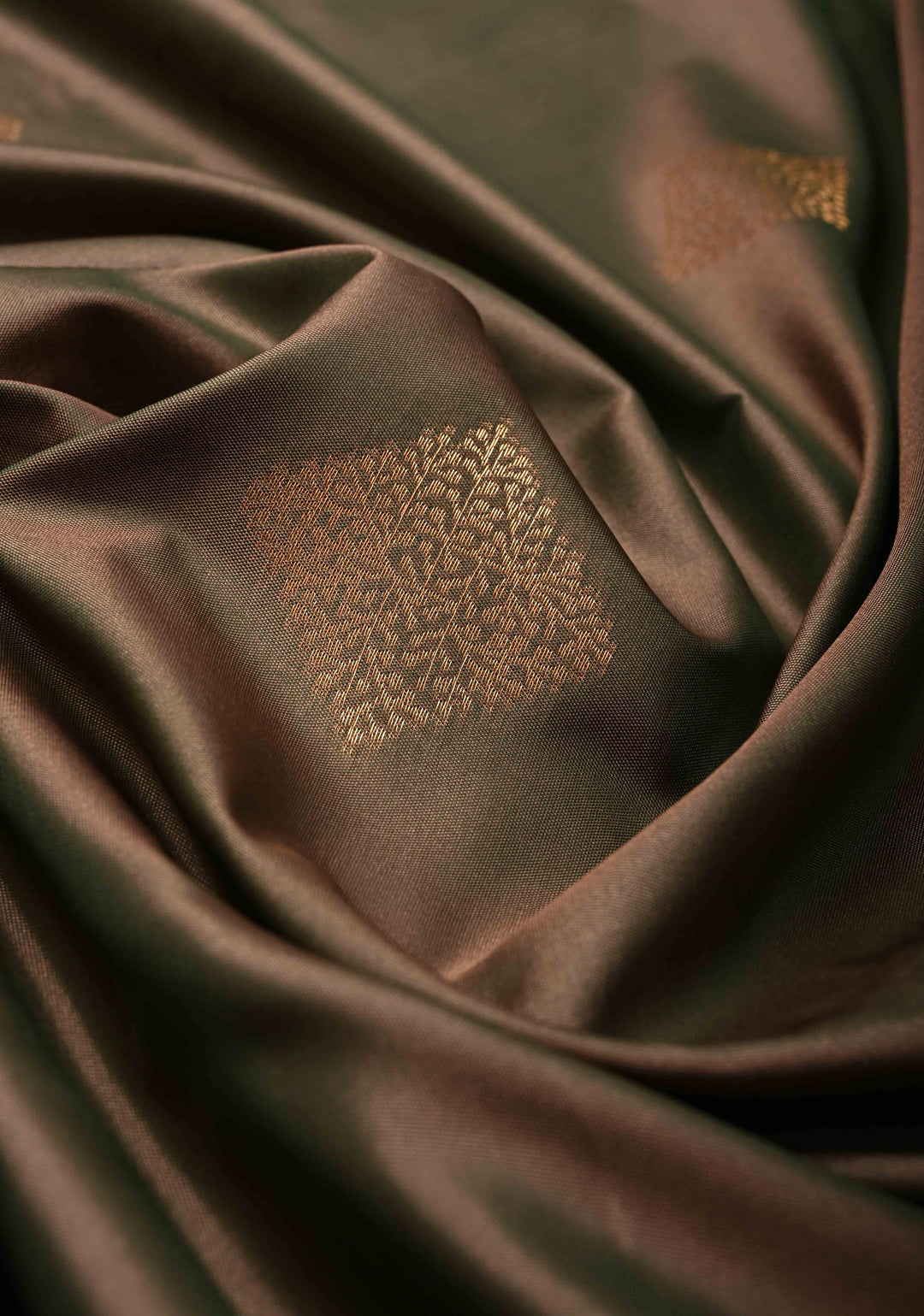 Green-Brown Dual tone Kanchi Semi Silk Saree with Geometric Buttas and Abstract Zari Border