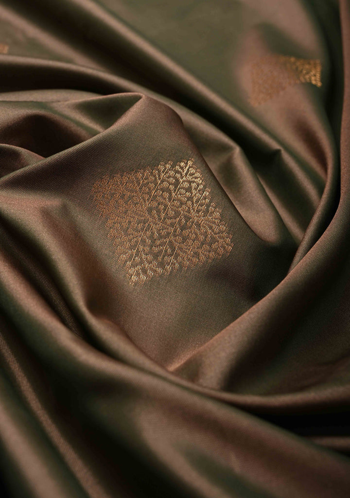 Green-Brown Dual tone Kanchi Semi Silk Saree with Geometric Buttas and Abstract Zari Border
