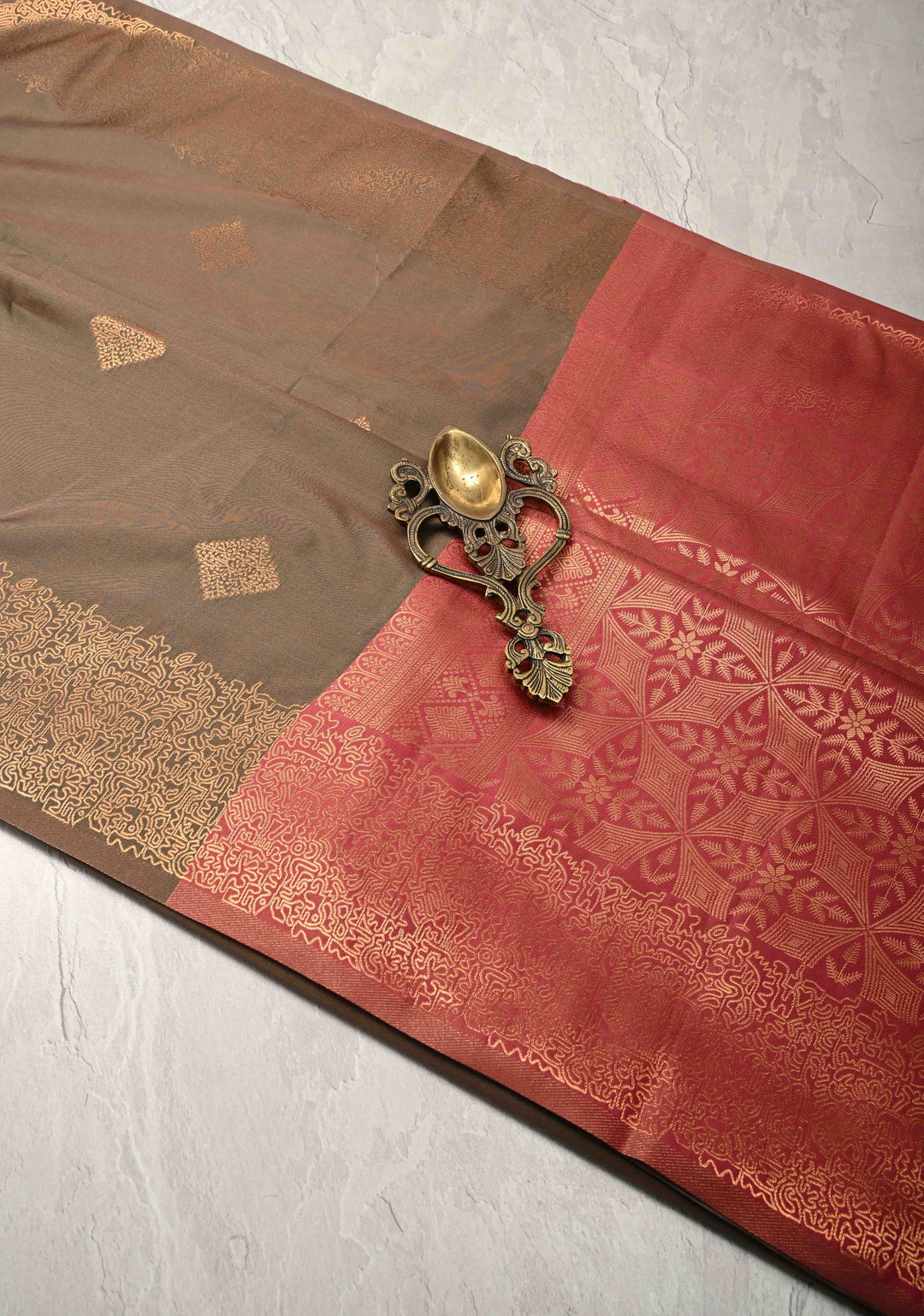 Green-Brown Dual tone Kanchi Semi Silk Saree with Geometric Buttas and Abstract Zari Border