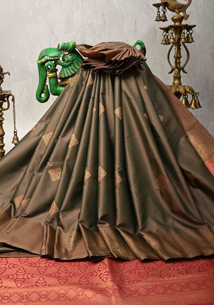 Green-Brown Dual tone Kanchi Semi Silk Saree with Geometric Buttas and Abstract Zari Border