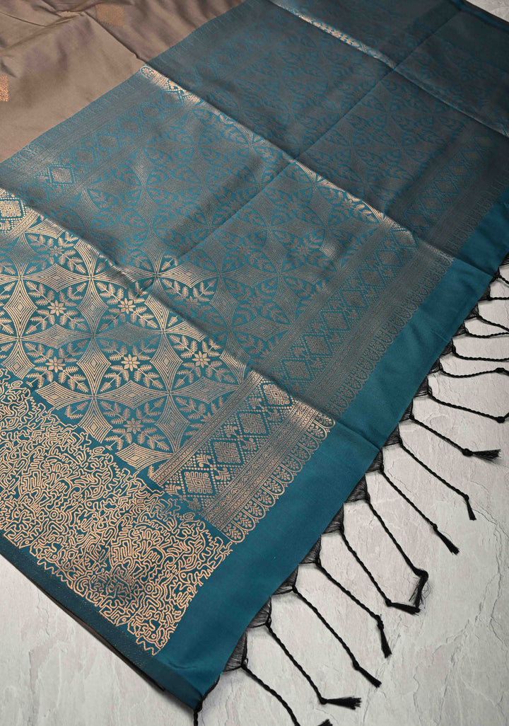 Brown Kanchi Semi Silk Saree with Geometric Buttas and Abstract Zari Border