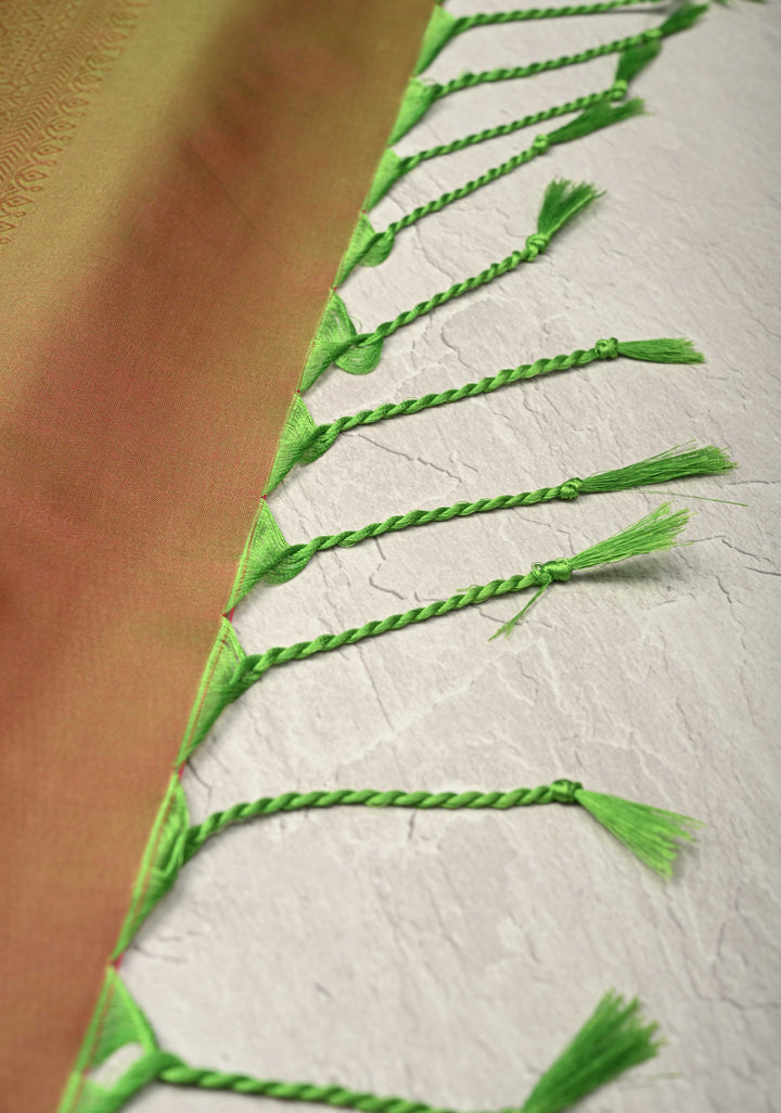 Green Dual tone Kanchi Semi Silk Saree with Paisley Zari Buttas and Geomatric Motifs on Border