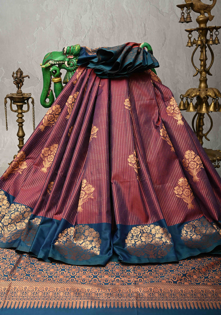 Reddish Purple Dual Tone Kanchi Semi Silk Saree with Vertical Stripes Zari Buttas  and Contrst Zari Border