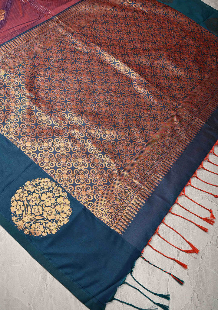 Reddish Purple Dual Tone Kanchi Semi Silk Saree with Vertical Stripes Zari Buttas  and Contrst Zari Border