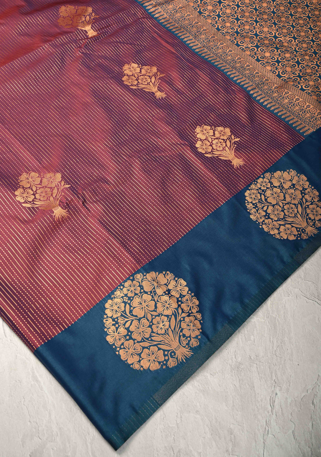 Reddish Purple Dual Tone Kanchi Semi Silk Saree with Vertical Stripes Zari Buttas  and Contrst Zari Border