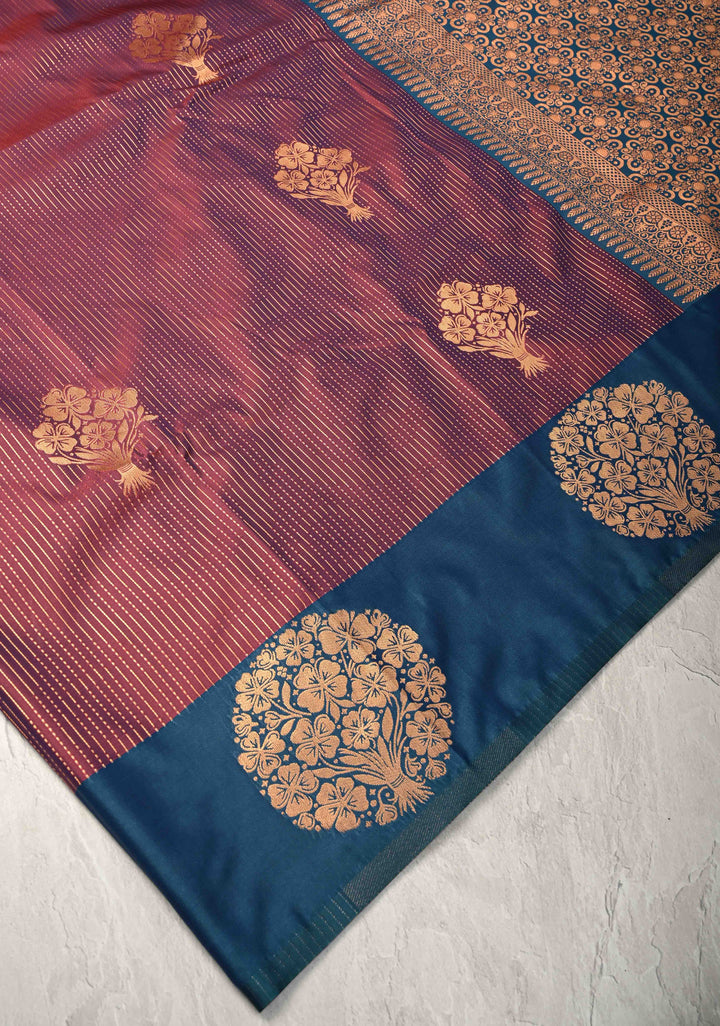 Reddish Purple Dual Tone Kanchi Semi Silk Saree with Vertical Stripes Zari Buttas  and Contrst Zari Border