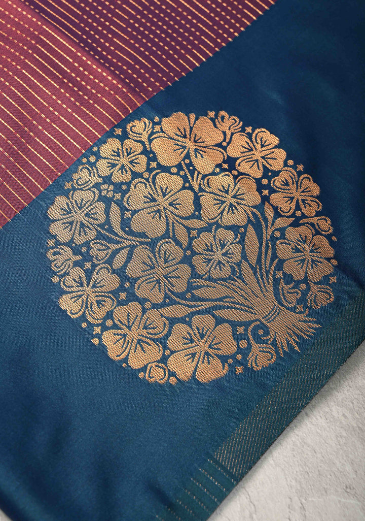 Reddish Purple Dual Tone Kanchi Semi Silk Saree with Vertical Stripes Zari Buttas  and Contrst Zari Border