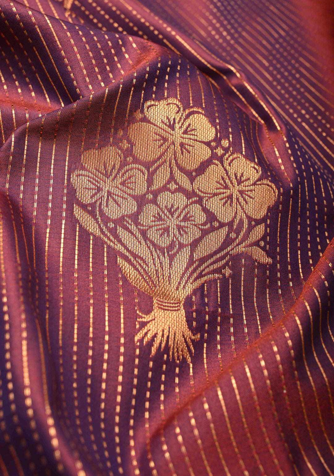 Reddish Purple Dual Tone Kanchi Semi Silk Saree with Vertical Stripes Zari Buttas  and Contrst Zari Border