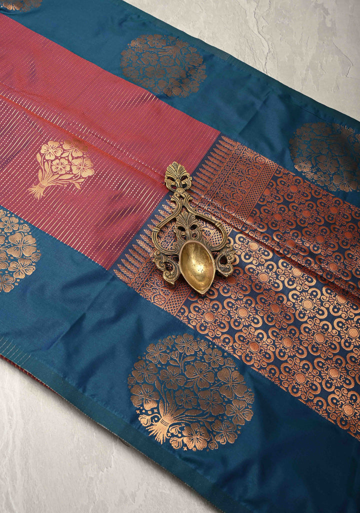 Reddish Purple Dual Tone Kanchi Semi Silk Saree with Vertical Stripes Zari Buttas  and Contrst Zari Border