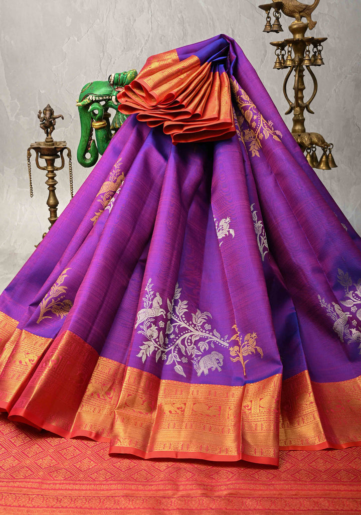 Purple Kanjivaram Pure Silk Saree with Gold and Silver Floral,Elephant Butta with contrast zari Border | SILK MARK CERTIFIED