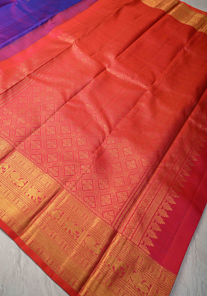 Purple Kanjivaram Pure Silk Saree with Gold and Silver Floral,Elephant Butta with contrast zari Border | SILK MARK CERTIFIED