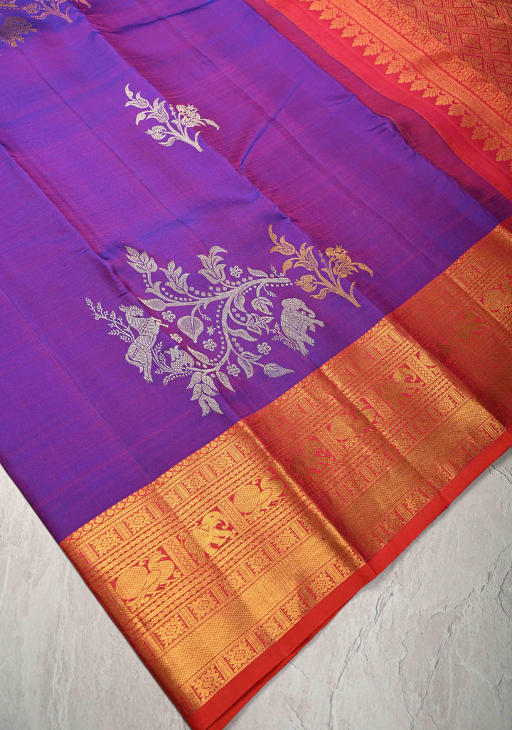 Purple Kanjivaram Pure Silk Saree with Gold and Silver Floral,Elephant Butta with contrast zari Border | SILK MARK CERTIFIED