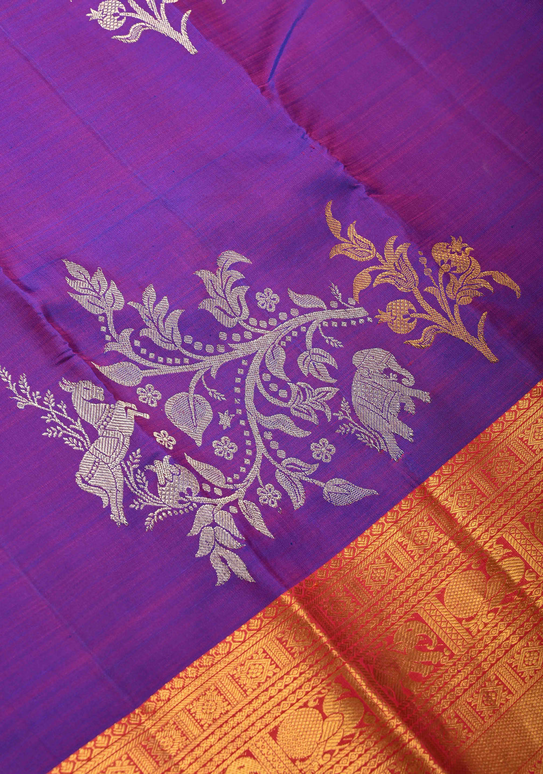 Purple Kanjivaram Pure Silk Saree with Gold and Silver Floral,Elephant Butta with contrast zari Border | SILK MARK CERTIFIED