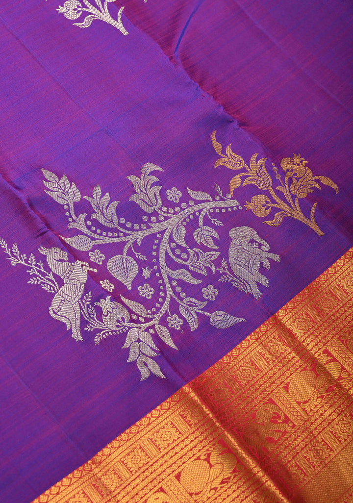 Purple Kanjivaram Pure Silk Saree with Gold and Silver Floral,Elephant Butta with contrast zari Border | SILK MARK CERTIFIED