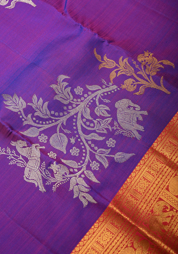 Purple Kanjivaram Pure Silk Saree with Gold and Silver Floral,Elephant Butta with contrast zari Border | SILK MARK CERTIFIED
