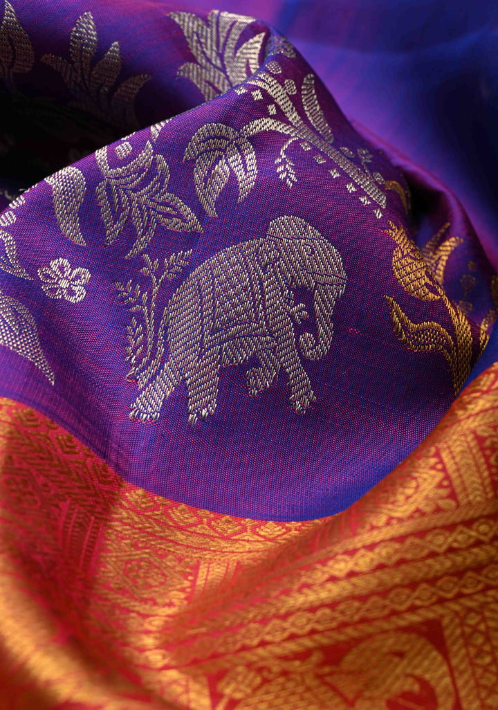 Purple Kanjivaram Pure Silk Saree with Gold and Silver Floral,Elephant Butta with contrast zari Border | SILK MARK CERTIFIED