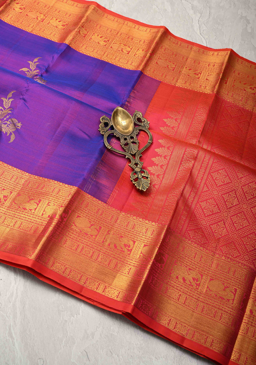 Purple Kanjivaram Pure Silk Saree with Gold and Silver Floral,Elephant Butta with contrast zari Border | SILK MARK CERTIFIED