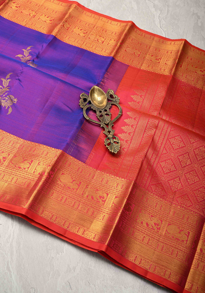 Purple Kanjivaram Pure Silk Saree with Gold and Silver Floral,Elephant Butta with contrast zari Border | SILK MARK CERTIFIED