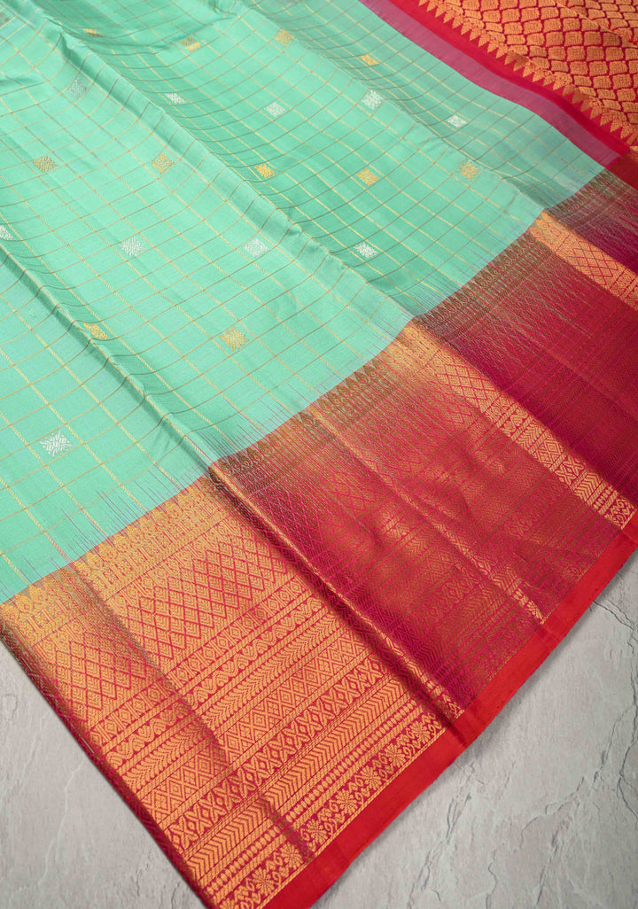 SeaFoam Green Checks Kanjivaram Pure Silk Saree with Gold and Silver Buttas and contrast zari Border | SILK MARK CERTIFIED