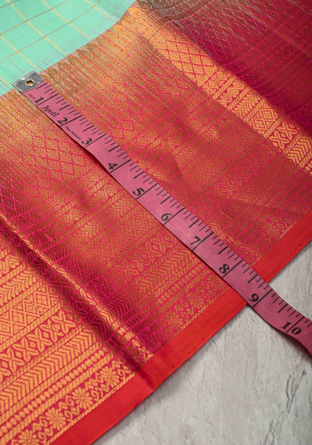 SeaFoam Green Checks Kanjivaram Pure Silk Saree with Gold and Silver Buttas and contrast zari Border | SILK MARK CERTIFIED