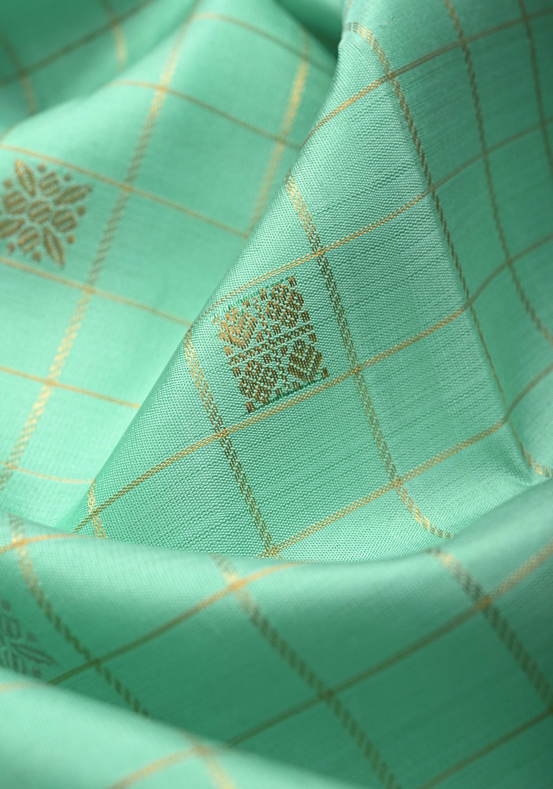 SeaFoam Green Checks Kanjivaram Pure Silk Saree with Gold and Silver Buttas and contrast zari Border | SILK MARK CERTIFIED